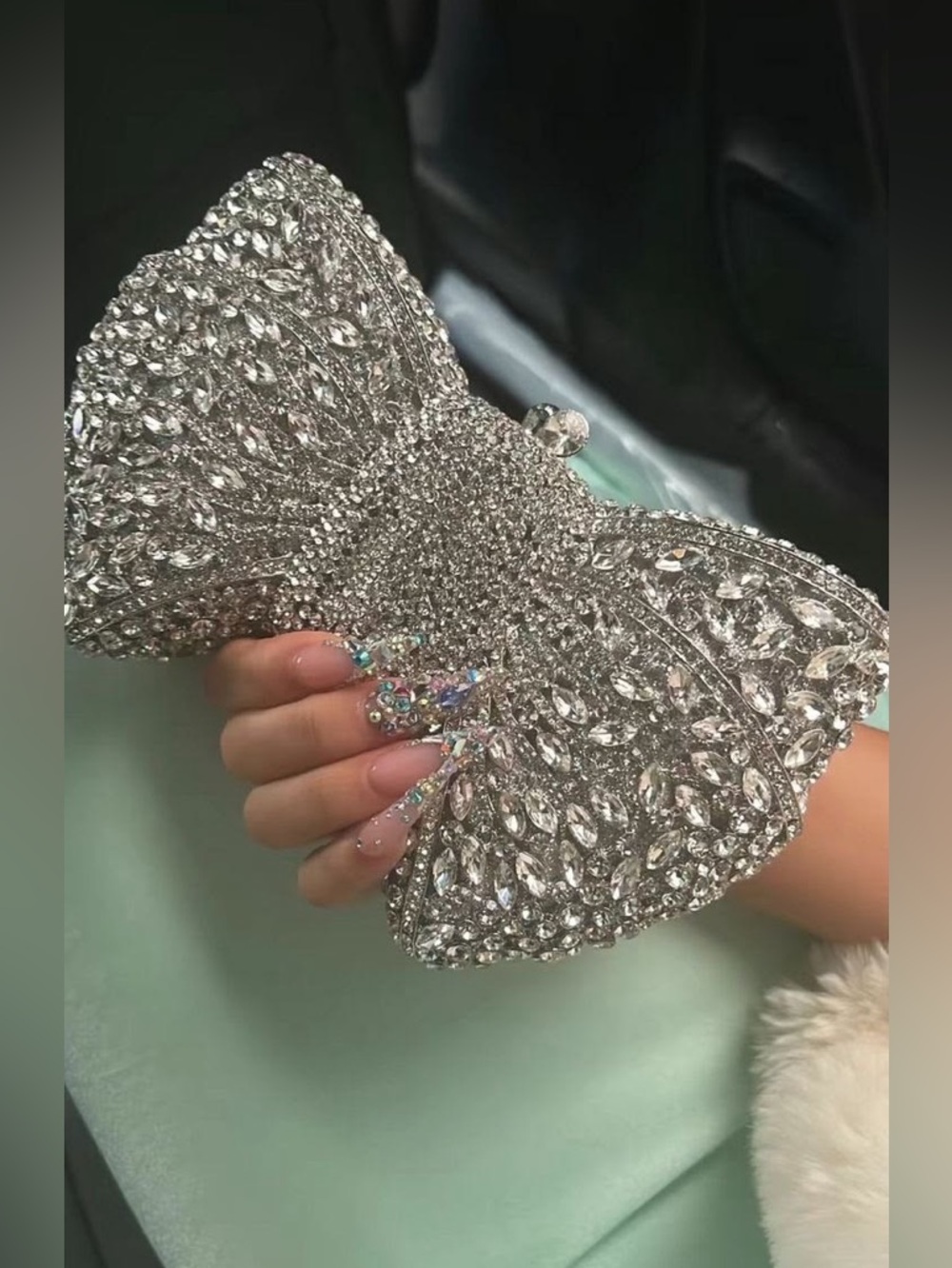 Crystal Bow Clutch Evening Bag - Silver